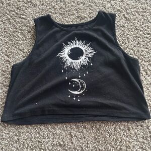 SHEIN Black Crop Top with White Sun and Moon Design